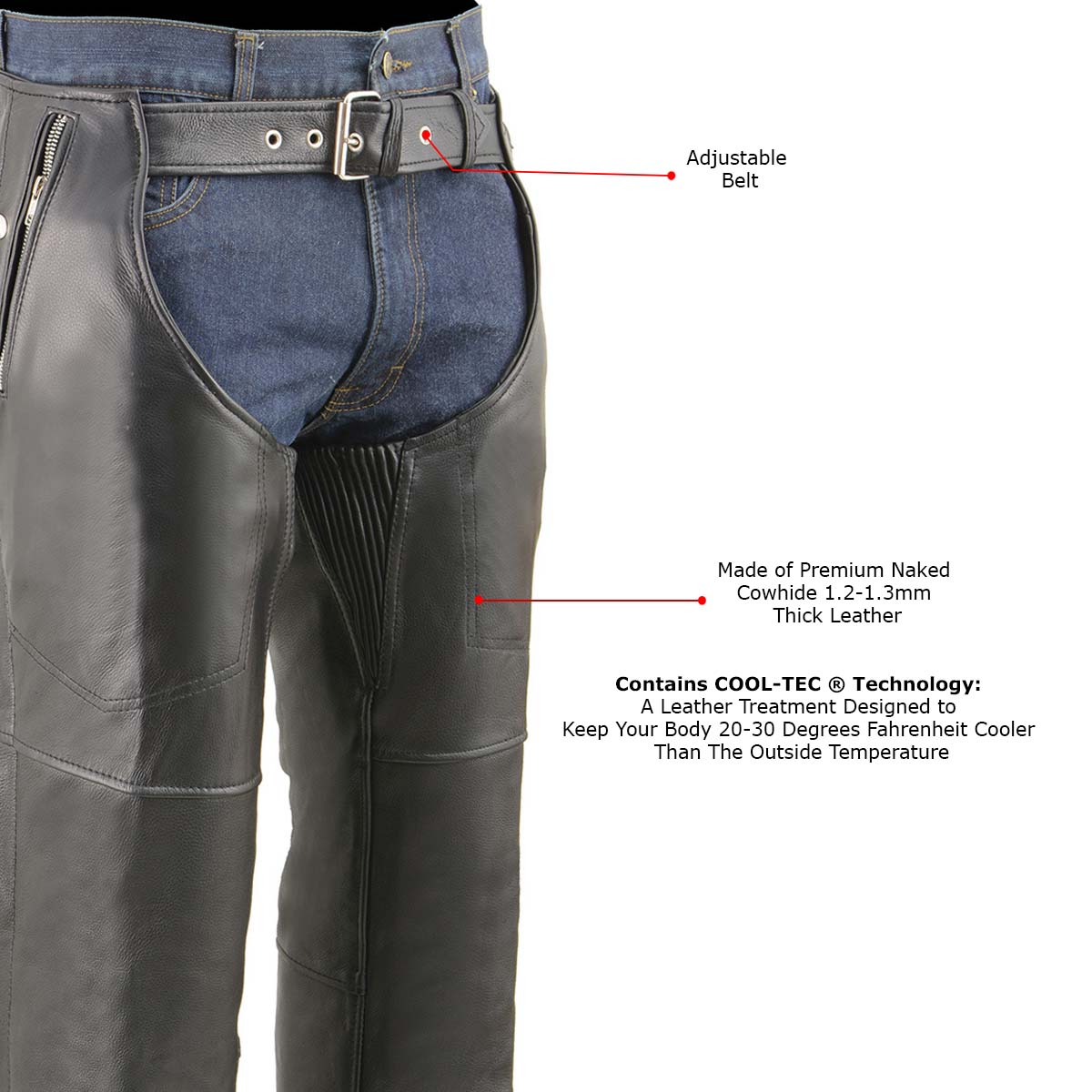 Milwaukee Leather MLM5505 Men's Removal Thermal Lined Black Premium Leather Motorcycle Chaps w/ Cool-Tec Leather