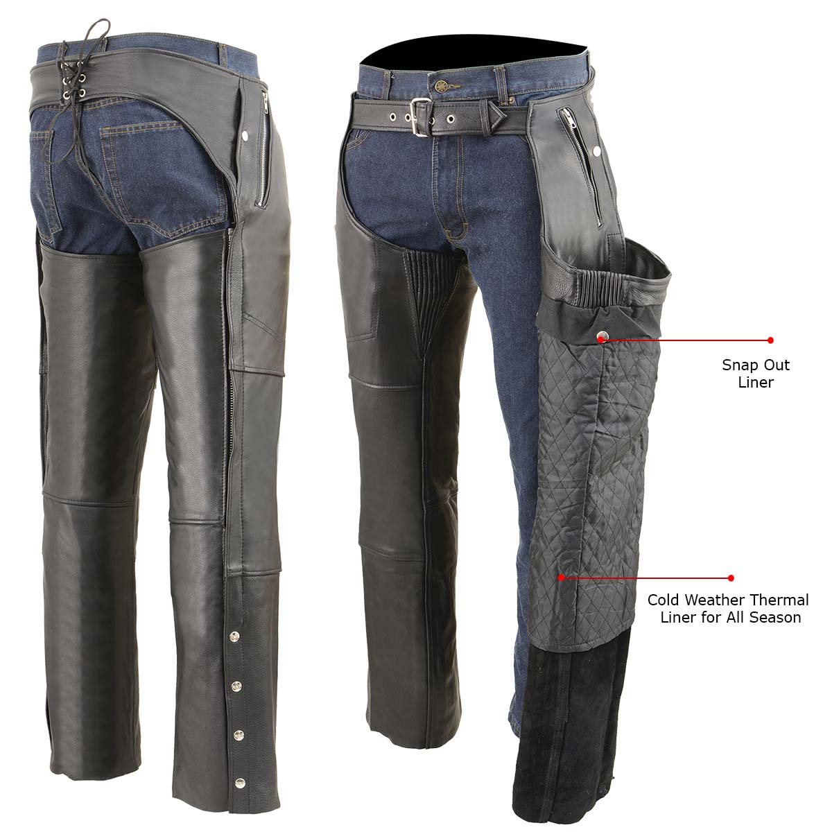 Milwaukee Leather MLM5505 Men's Black Cool-Tec Naked Leather Chaps - Thermal Lined Overpants for Motorcycle Rider