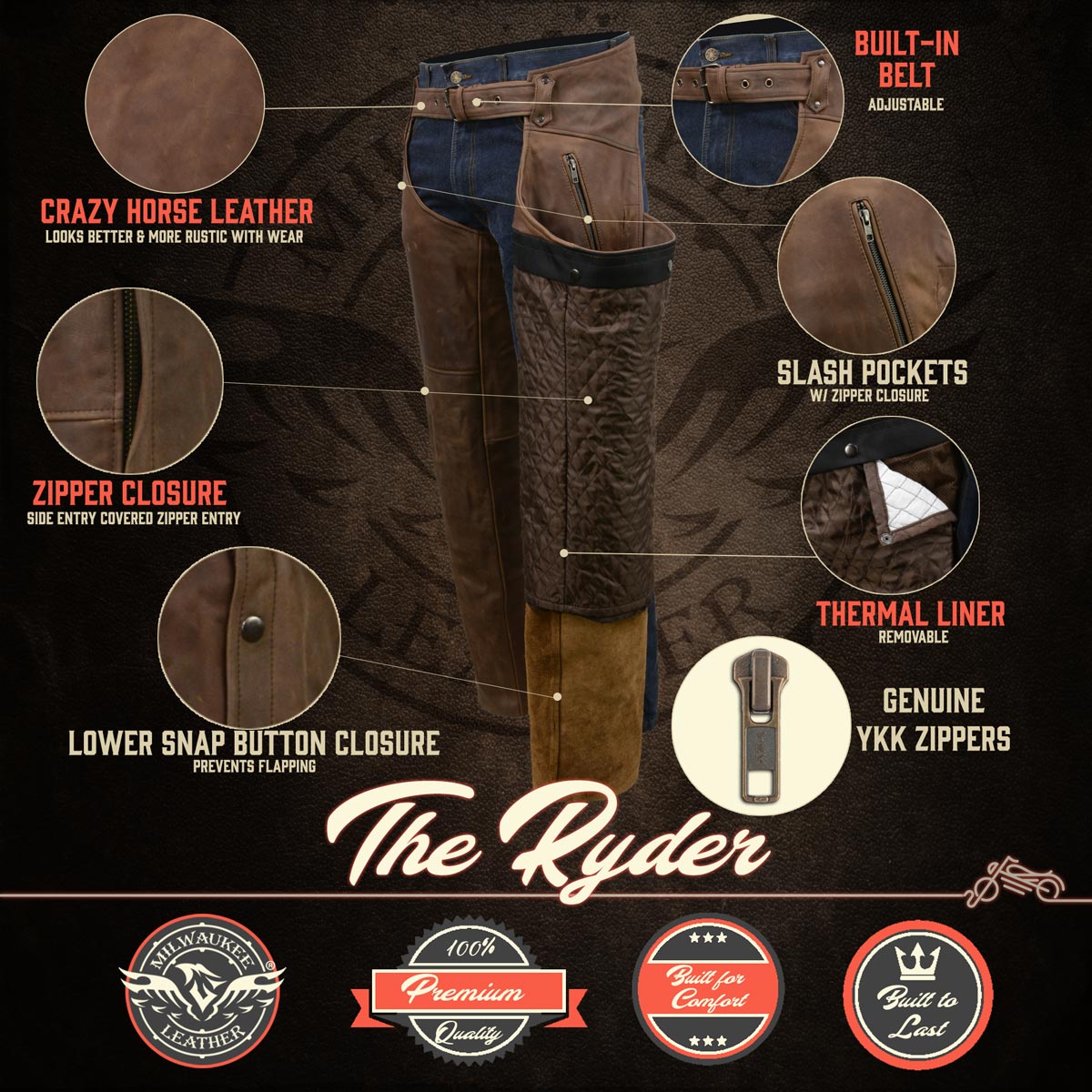 Milwaukee Leather MLM5518 Men's 'The Ryder' Vintage Crazy Horse Brown Slash Pockets Leather Chaps