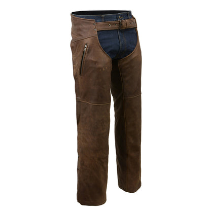 Milwaukee Leather Chaps for Men's Vintage Crazy Horse Brown Leather- Snap Out Thermal Lined Motorcycle Chap MLM5518