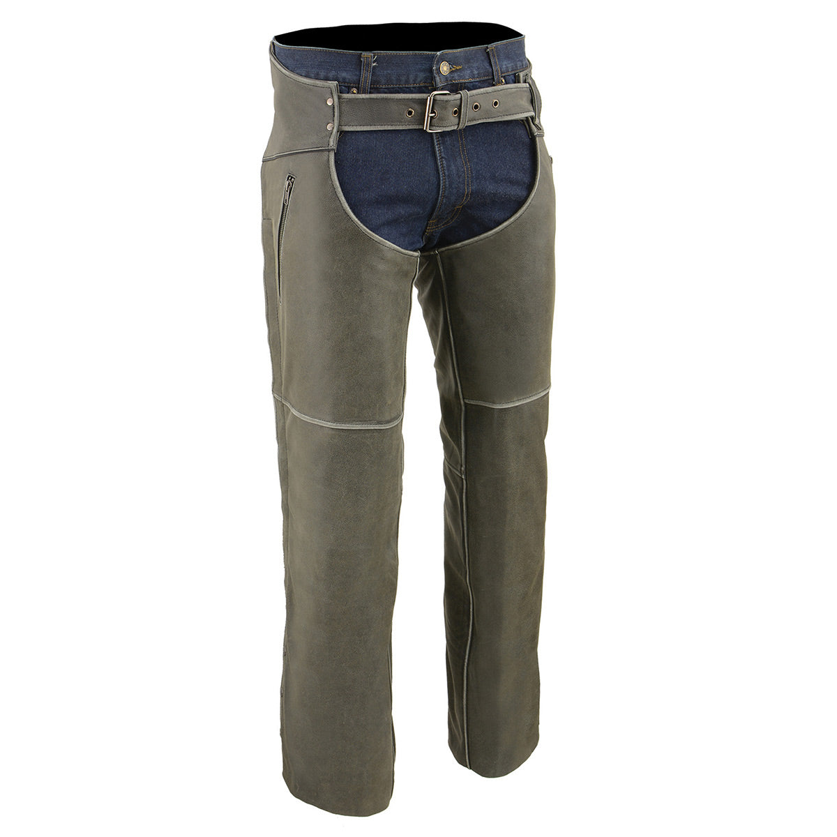 Milwaukee Leather MLM5536 Men's Vintage Grey Slate Leather Chaps- Deep Thigh Pockets Overpant for Motorcycle Riders