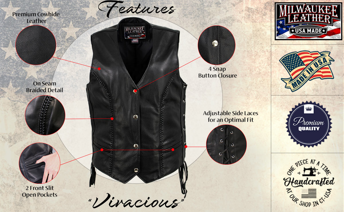 Milwaukee Leather USA MADE MLVSL5001 Women's Black 'Vivacious' Braided Motorcycle Leather Vest