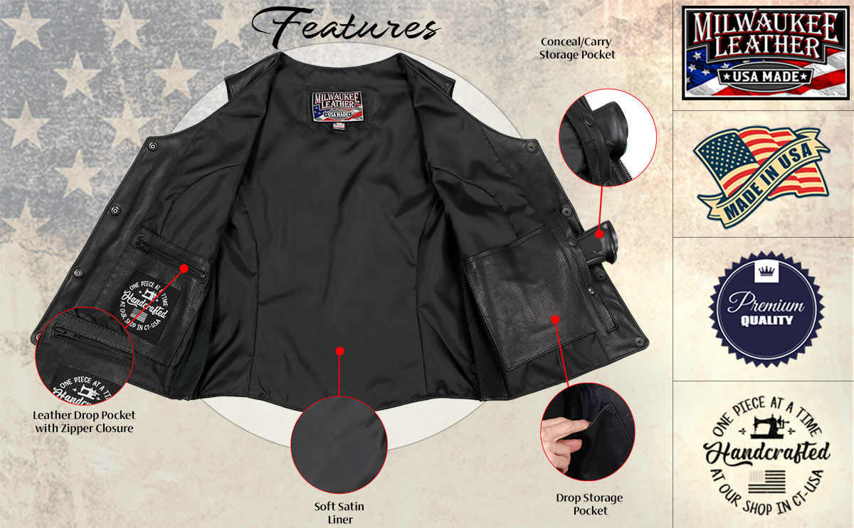 Milwaukee Leather USA MADE MLVSL5003 Women's Black Speed Queen Motorcycle Leather Vest with Front Zipper