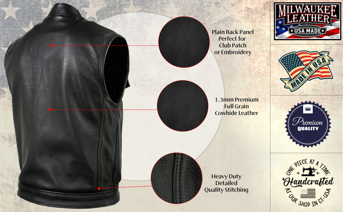 Milwaukee Leather USA MADE MLVSM5004 Men's Black Chaos Premium Dual Closure Motorcycle Leather Vest