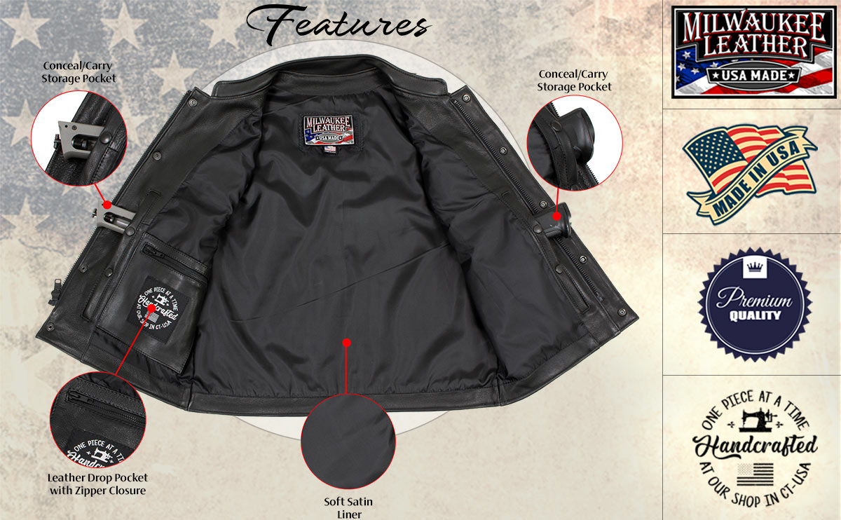 Milwaukee Leather USA MADE MLVSM5004 Men's Black Chaos Premium Dual Closure Motorcycle Leather Vest