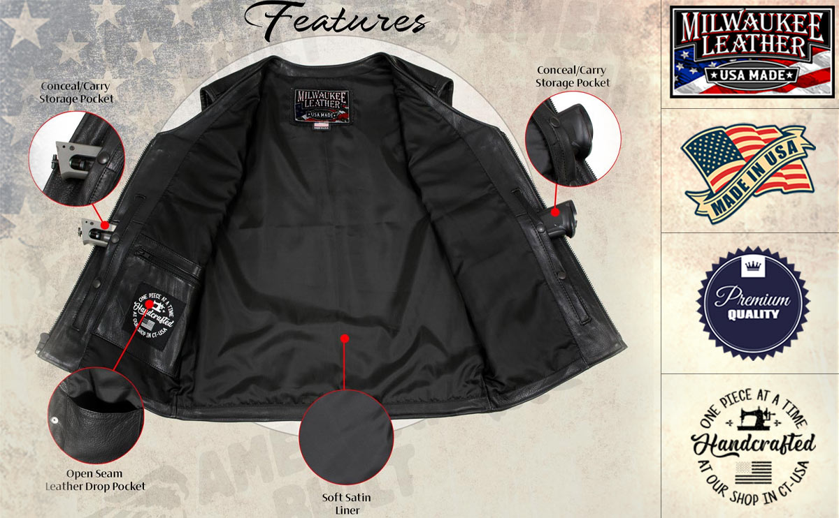 Milwaukee Leather USA MADE MLVSM5009 Men's Black 'Slinger' V-Neck Motorcycle Premium Leather Zippered Vest