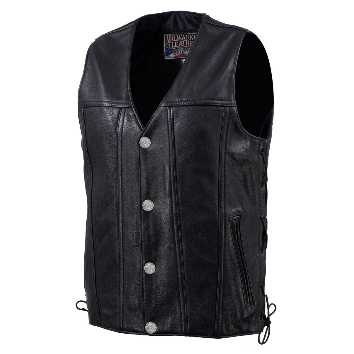Hot Leathers VSM5005 USA Made Men's 'Road Whip' Black Premium Leather Vest with Buffalo Nickel Snap Buttons