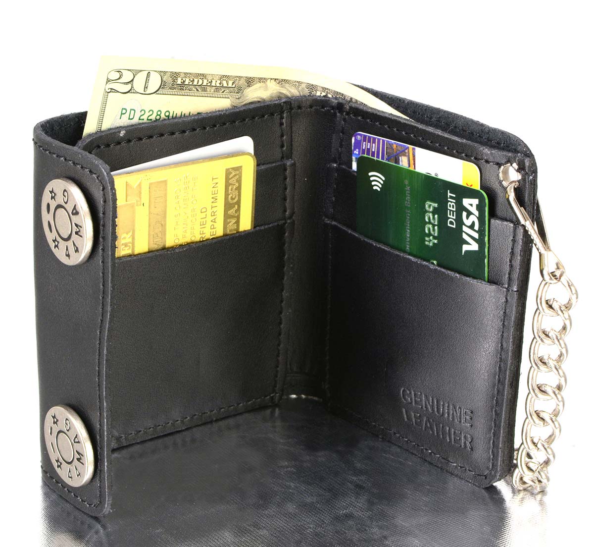 Genuine Leather Men's 6 in Biker Chain Wallet w/ Buffalo Snaps, Black