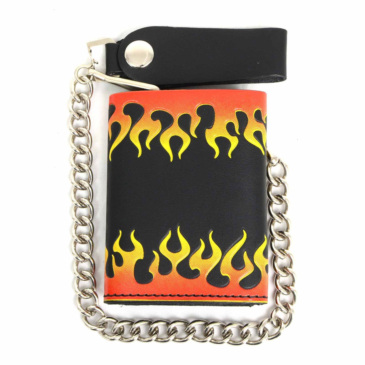 Milwaukee Leather MLW7832 Men's 4” Leather “Flamed” Tri-Fold Biker Wallet w/ Anti-Theft Stainless Steel Chain