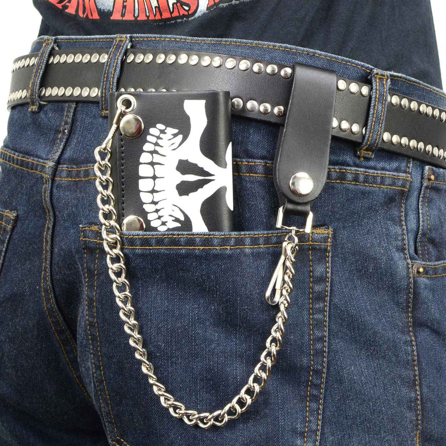 Milwaukee Leather MLW7834 Men's 4” Leather “Skeleton Teeth” Tri-Fold Wallet w/ Anti-Theft Stainless Steel Chain