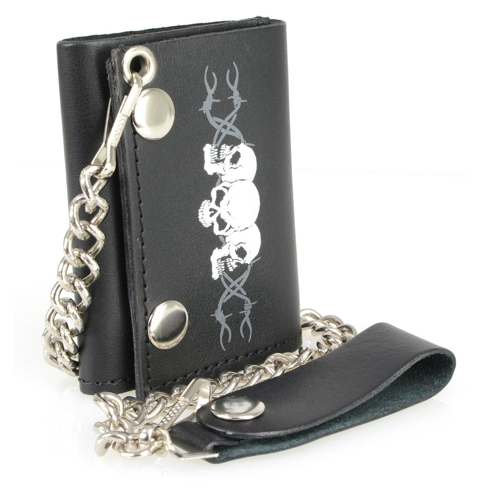 Milwaukee Leather MLW7836 Men's 4” Leather “Triple Skull” Tri-Fold Wallet w/ Anti-Theft Stainless Steel Chain