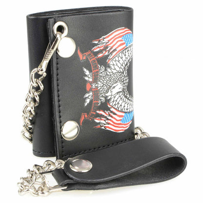 Milwaukee Leather MLW7837 Men's 4” Leather “Eagle w/ Flag” Tri-Fold Wallet w/ Anti-Theft Stainless Steel Chain