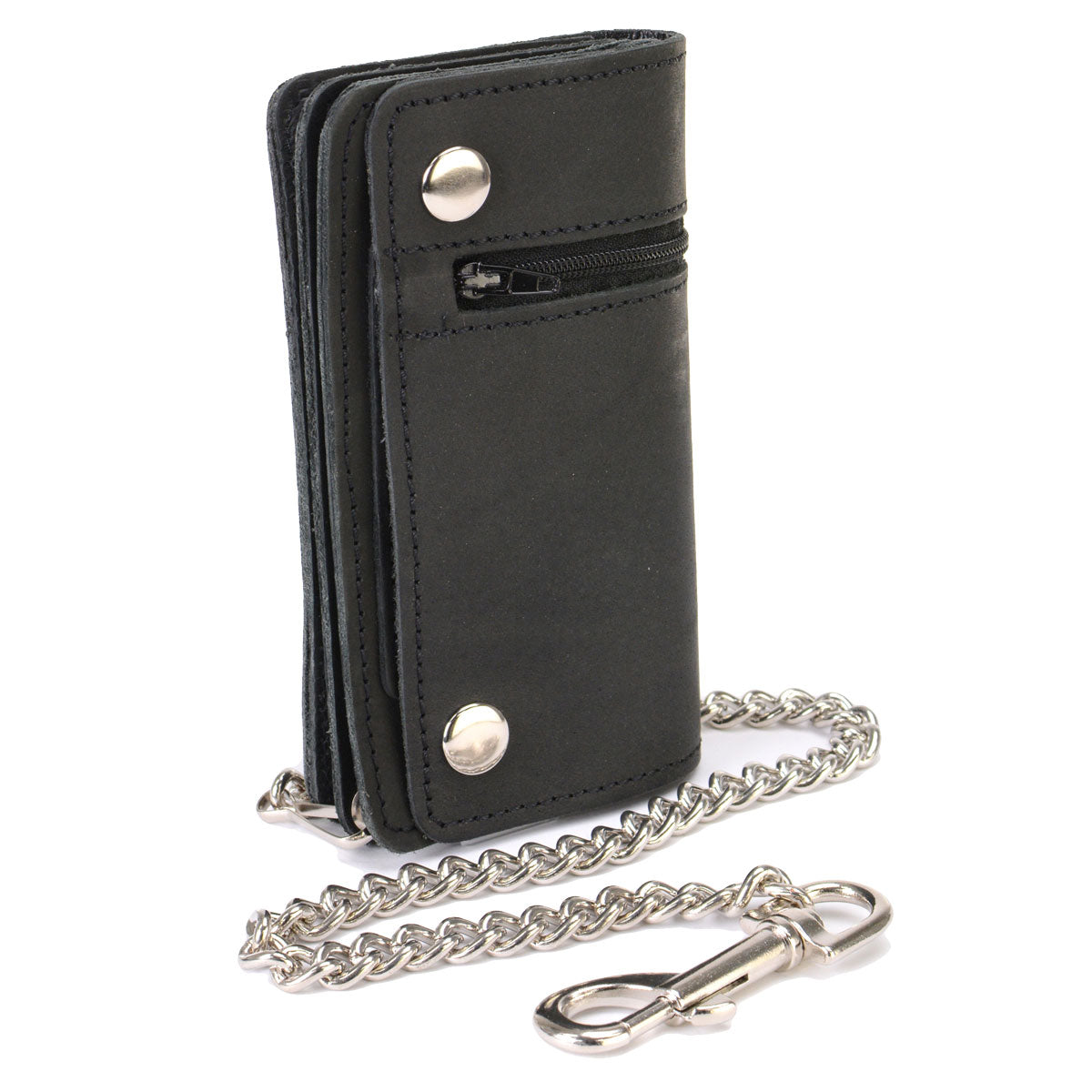 Hot Leathers WLC3108 Men's 6" Black Premium Leather Bi-Fold Biker Wallet w/ Zipper Pocket