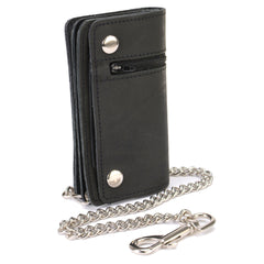 Hot Leathers WLC3108 Men's 6" Black Premium Leather Bi-Fold Biker Wallet w/ Zipper Pocket