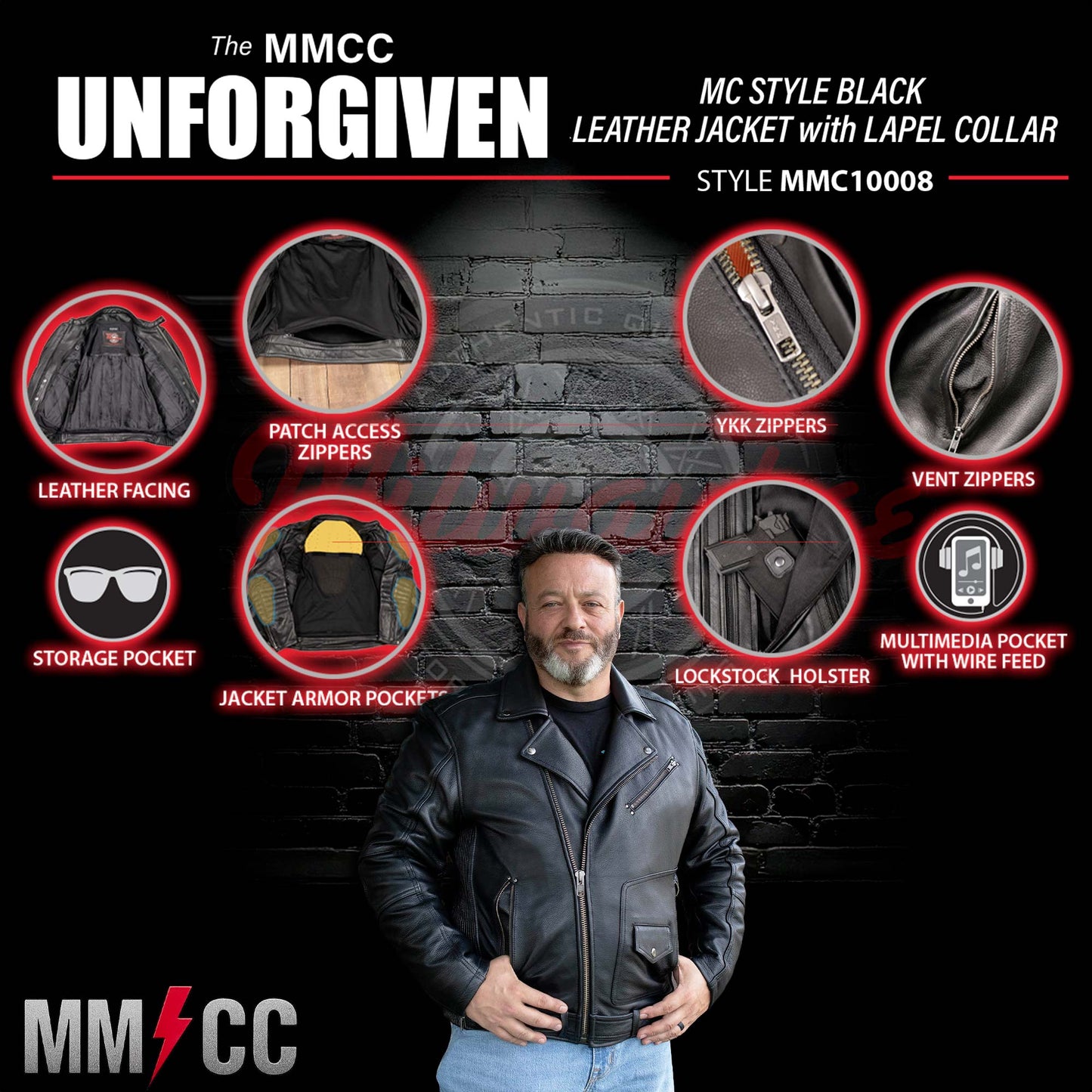 Milwaukee Motorcycle Clothing Co. Men's Unforgiven MC Style Black Leather Jacket w/ Lapel Collar MMC10008