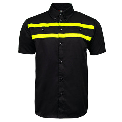 MMCC Men's Petrol Mechanic Button Up Shop Shirt, Reflective Strip, 2-Chest Pockets - Black-Neon Green - MMC16005