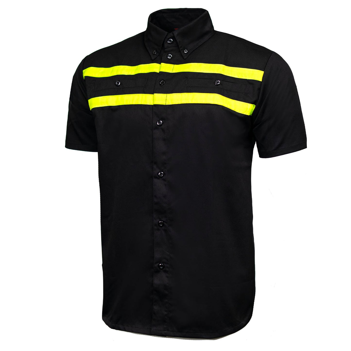 MMCC Men's Petrol Mechanic Button Up Shop Shirt, Reflective Strip, 2-Chest Pockets - Black-Neon Green - MMC16005