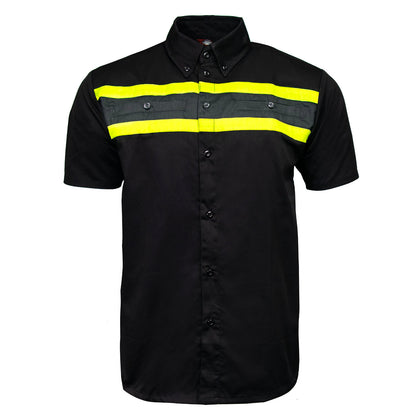 MMCC Men's Petro Mechanic Button Up Shop Shirt, Reflective Strip, 2-Chest Pockets - Black-Grey-Green - MMC16007