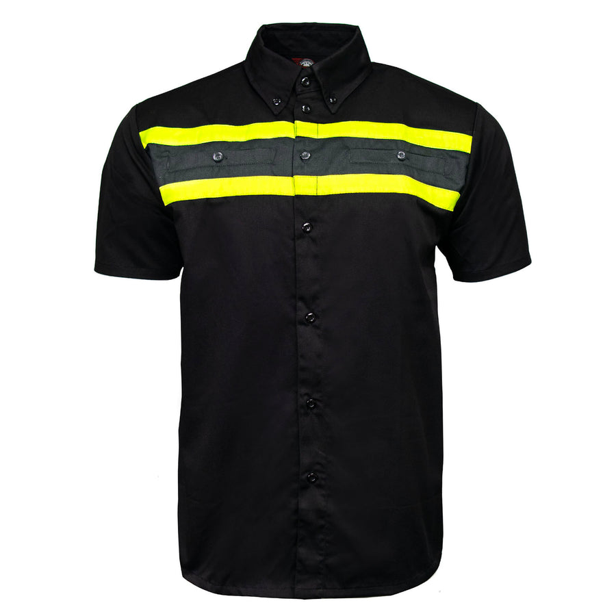 MMCC Men's Petro Mechanic Button Up Shop Shirt, Reflective Strip, 2-Chest Pockets - Black-Grey-Green - MMC16007