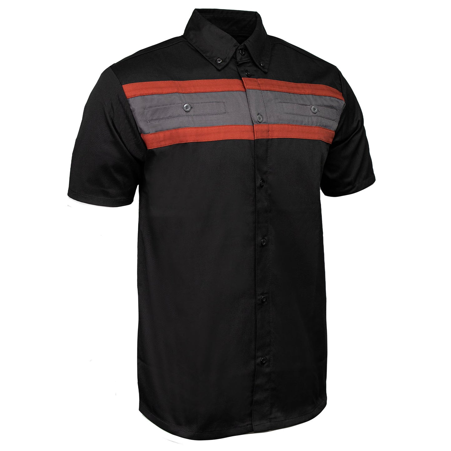 MMCC Men's Petro Mechanic Button Up Shop Shirt, Reflective Strip, 2-Chest Pockets - Black-Grey-Orange - MMC16008