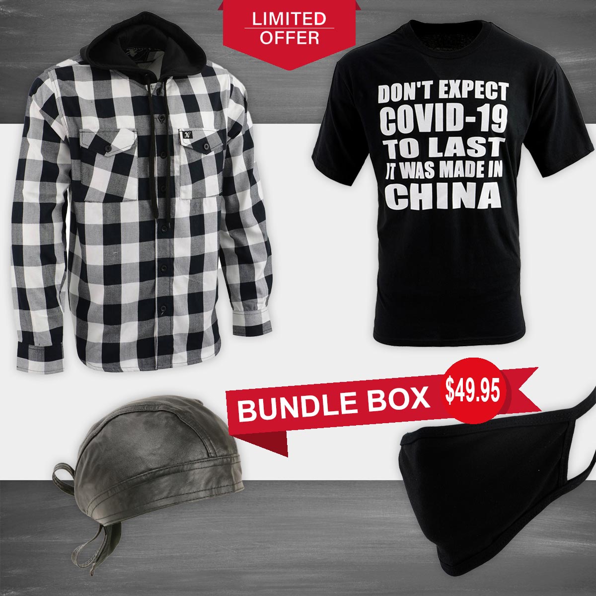 Men’s Box-2 Bundle Pack with Flannel Hoodie, Printed T-Shirt, Skull Cap and Face Mask