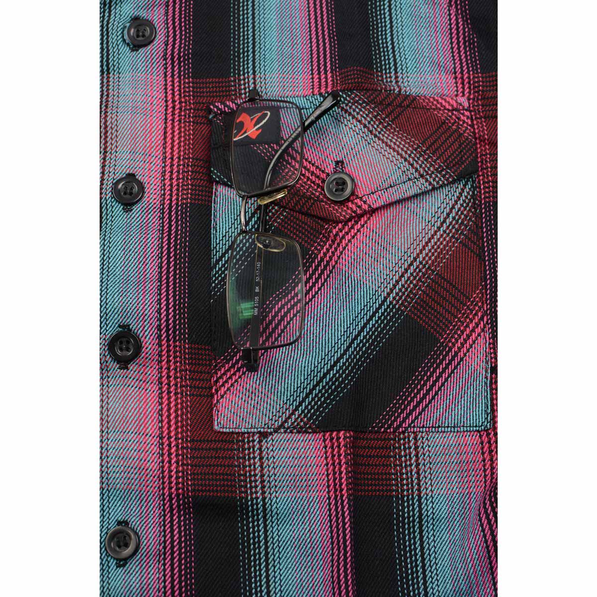 Milwaukee Leather MNG11660 Men's Black and Pink with Blue Long Sleeve Cotton Flannel Shirt