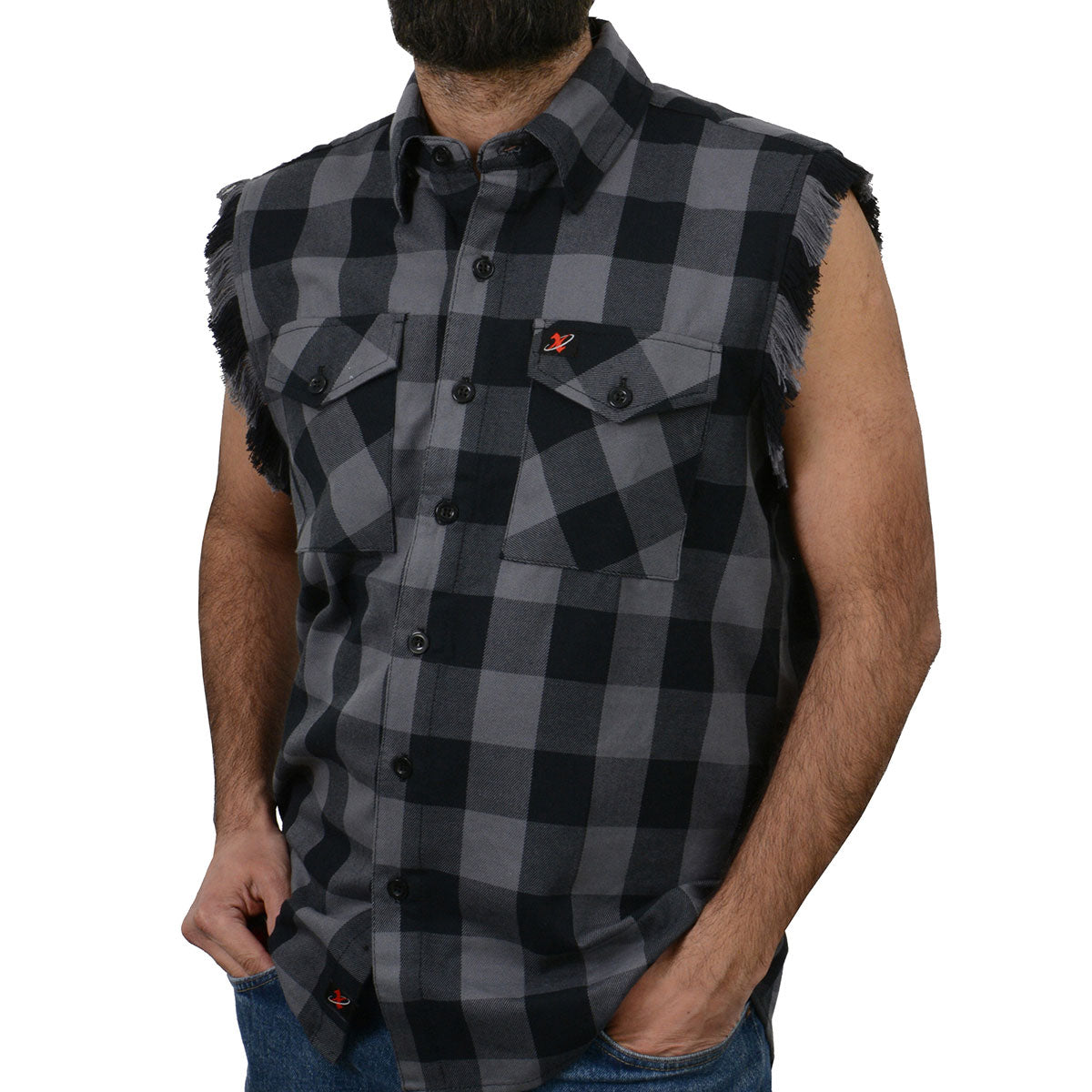 Milwaukee Leather MNG11689 Men’s Classic Black and Grey Button-Down Flannel Cut Off Frayed Sleeveless Casual Shirt