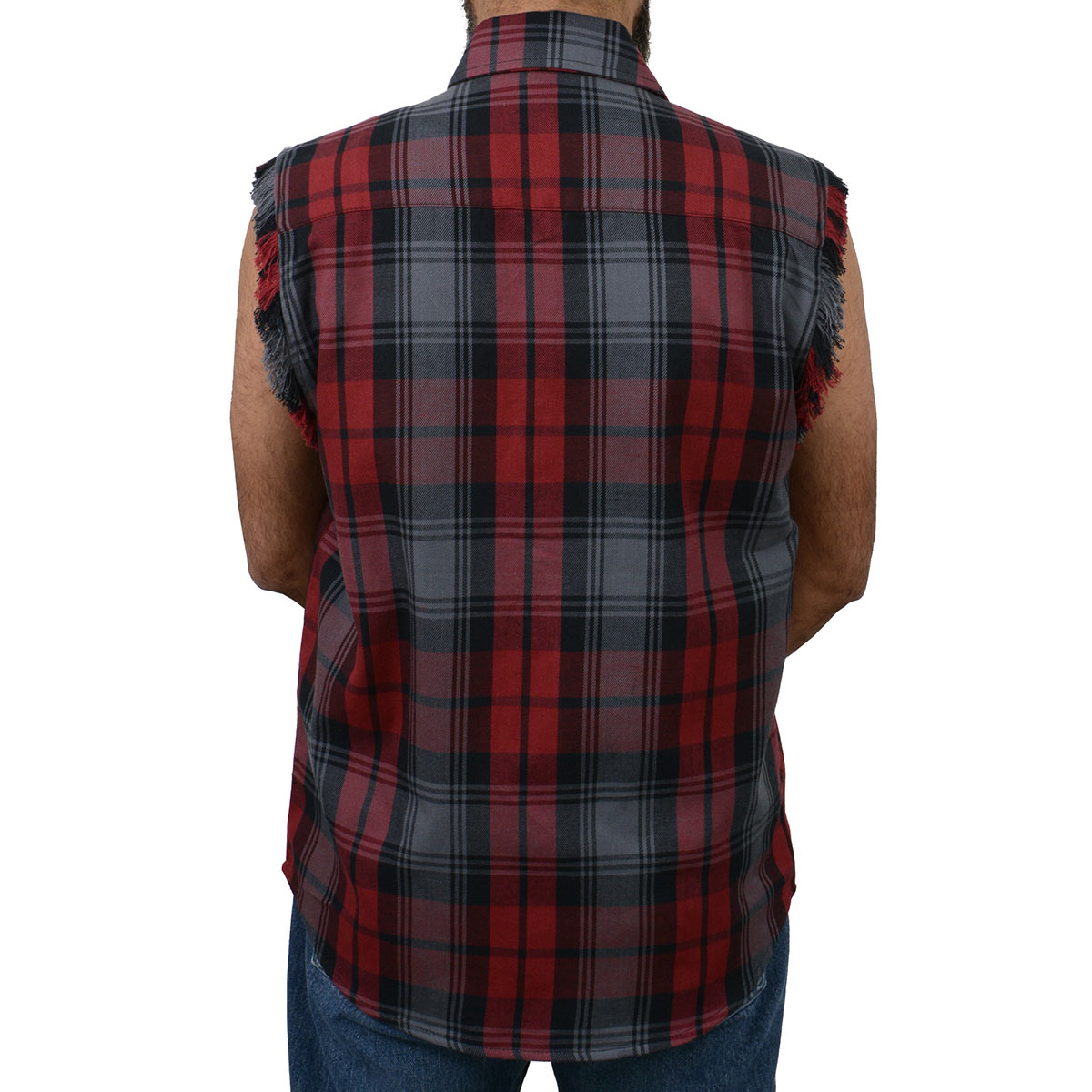 Milwaukee Leather MNG11696 Men’s Classic Black and Grey with Red Button-Down Flannel Cut Off Frayed Sleeveless Casual Shirt