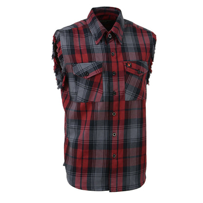 Milwaukee Leather MNG11696 Men’s Classic Black and Grey with Red Button-Down Flannel Cut Off Frayed Sleeveless Casual Shirt
