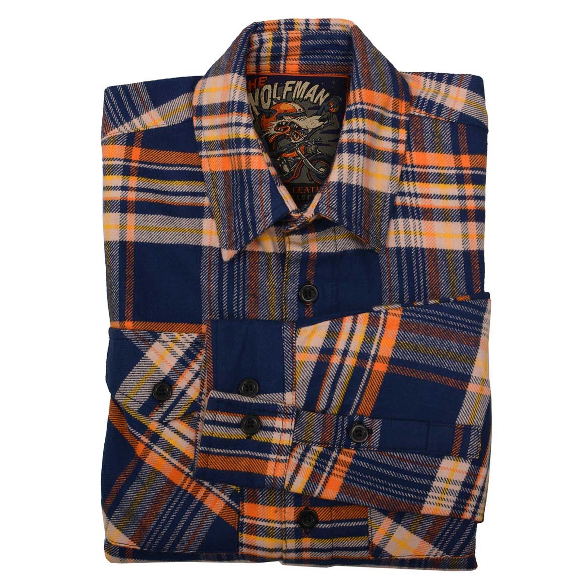 Milwaukee Leather |Men's 'The Wolfman' Blue/Orange Long Sleeve 10.5-Oz Heavy-Duty Cotton Flannel Shirt MNG11700