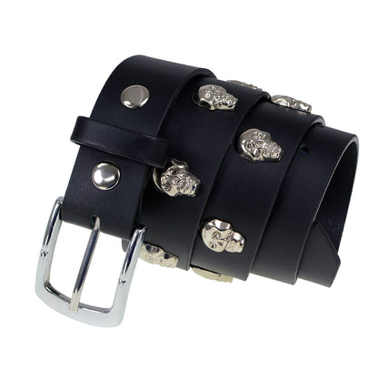 Milwaukee Leather MP7102 Men's Black Leather Belt with Skull Heads and Interchangeable Buckle