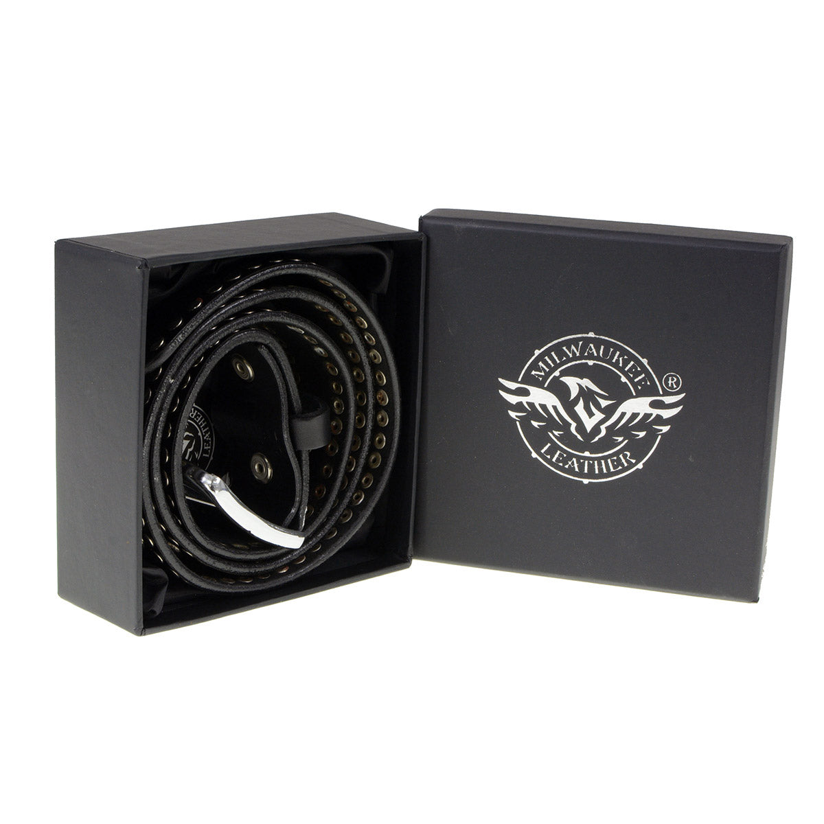 Milwaukee Leather MP7103 Men's Black Studs and Skulls Genuine Leather Belt with Buckle - 1.5 inches Wide