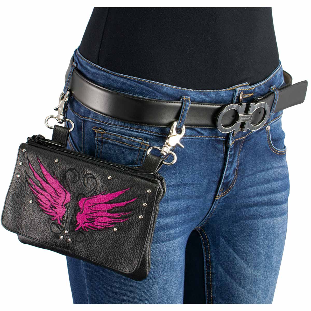 Milwaukee Leather MP8850 Ladies 'Winged' Leather Black and Pink Multi-Pocket Belt Bag