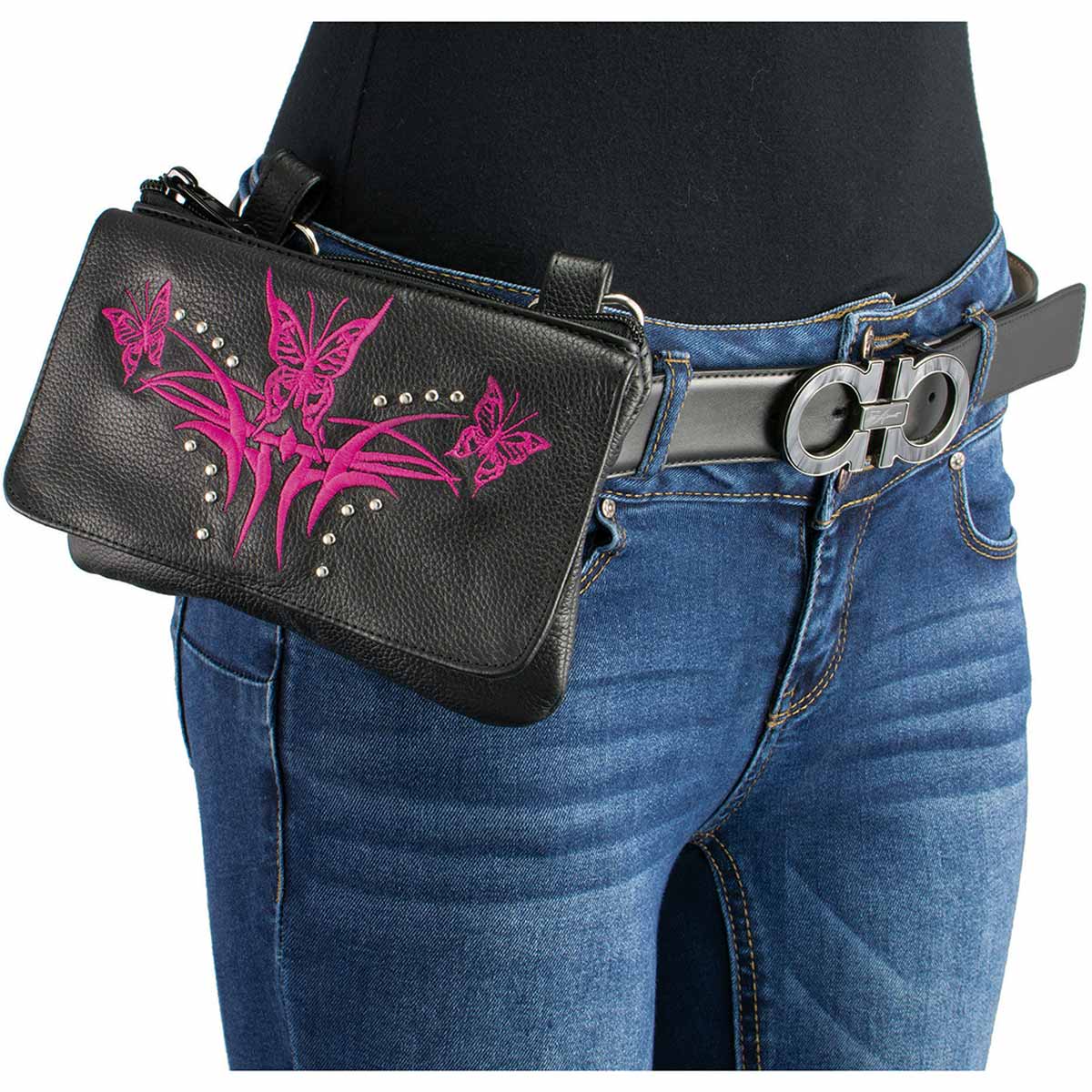 Milwaukee Leather MP8851 Women's Black and Pink Leather Multi Pocket Belt Bag