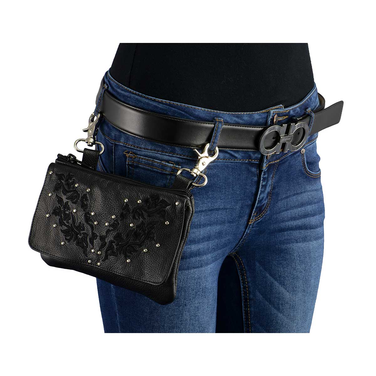 Milwaukee Leather MP8853 Women's 'Flower' Black Leather Multi Pocket Belt Bag
