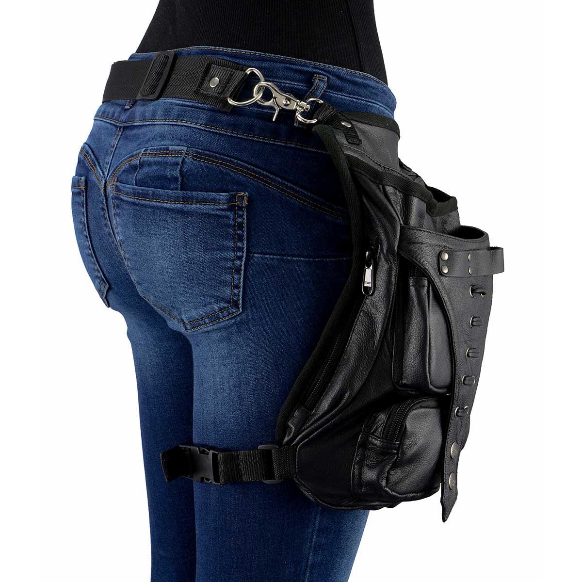 Milwaukee Leather MP8898 Black Leather Conceal and Carry Thigh Bag with Waist Belt