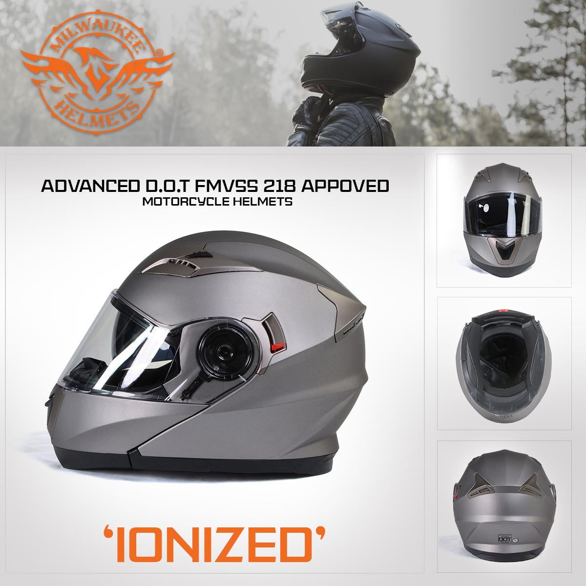 Milwaukee Helmets MPH9808DOT Ionized Silver Advanced Motorcycle Modular Helmet Biker w/ Drop Down Visor