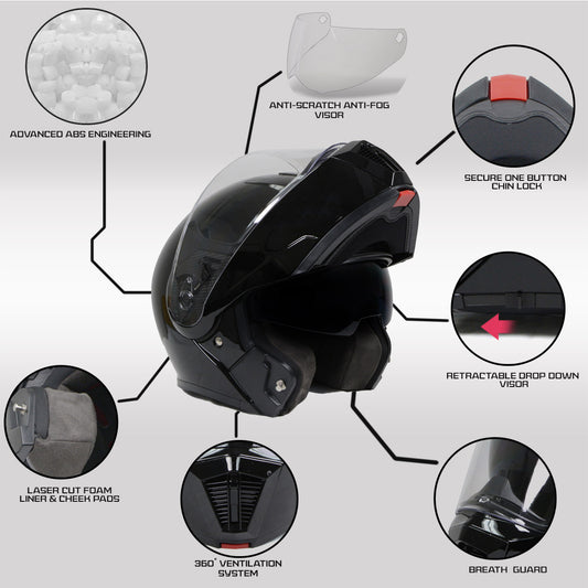 Milwaukee Helmets MPH9813DOT Gloss Black Menace DOT Approved Motorcycle Modular Helmet w/ Drop Down Visor