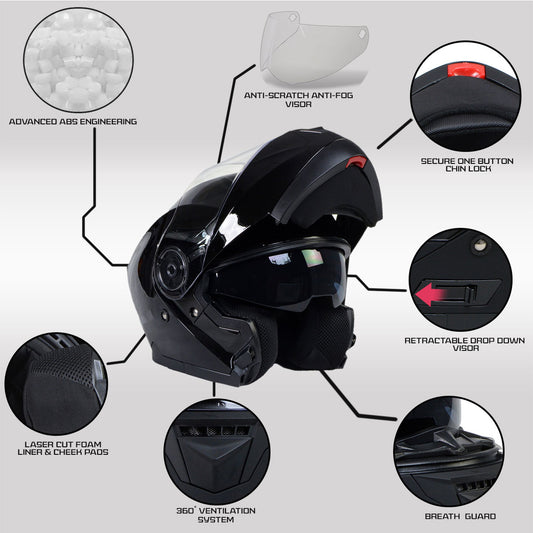 Milwaukee Helmets MPH9815DOT Breeze Gloss Black Advanced Motorcycle Modular Helmet Biker w/ Drop Down Visor