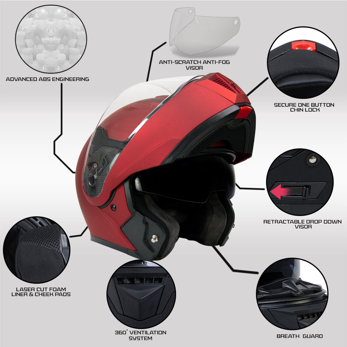 Milwaukee Helmets MPH9827DOT Cypher Flat Red Advanced Motorcycle Modular Helmet w/ Drop Down Visor