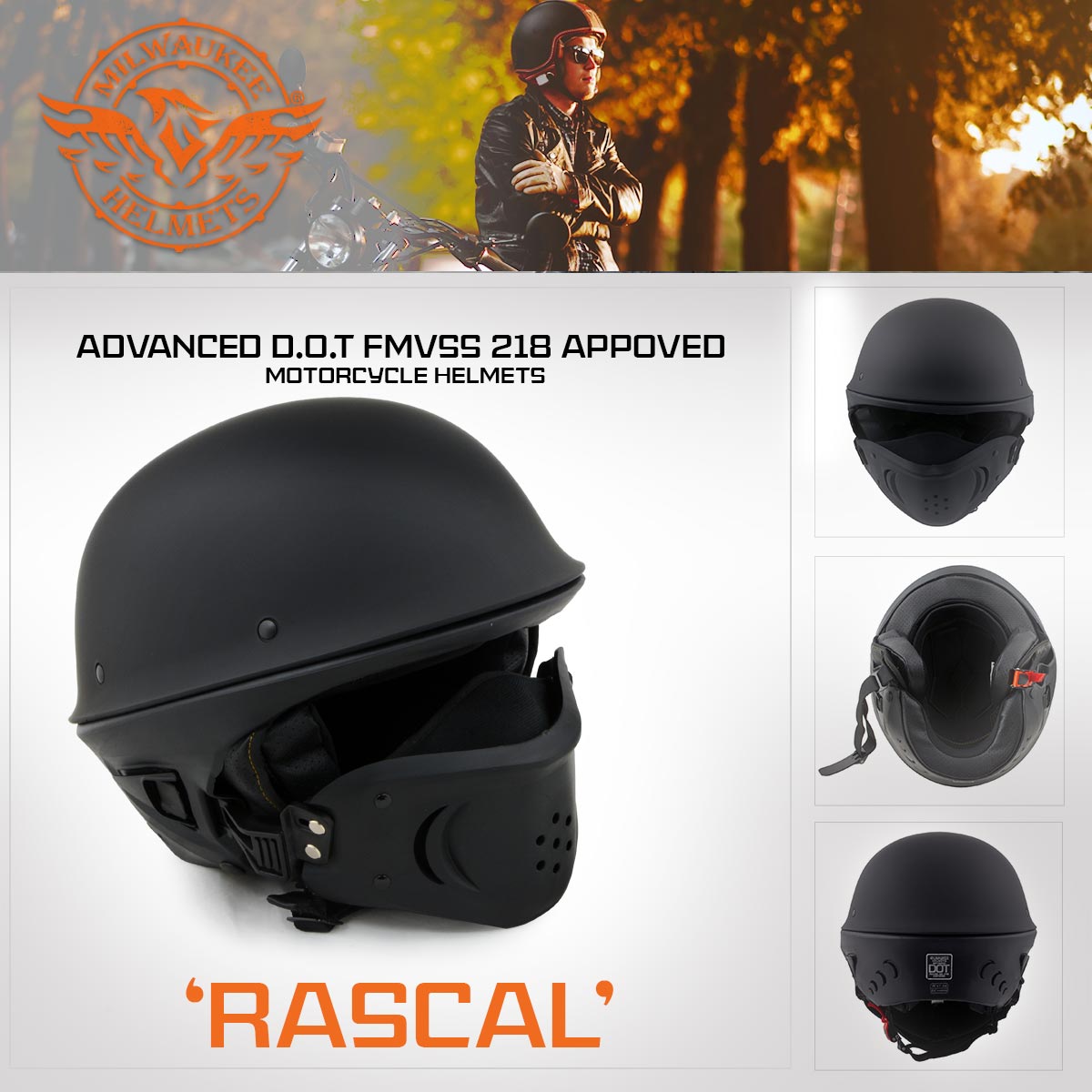 Milwaukee Helmets MPH9831DOT Rascal 3/4 Open Face Gloss Black 2 in 1 Motorcycle Biker DOT Helmet