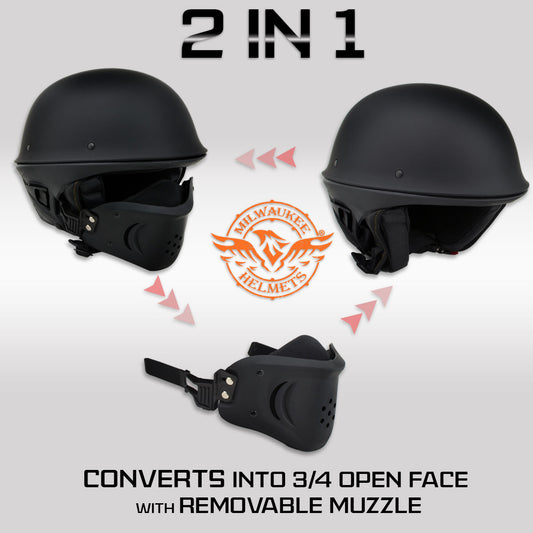 Milwaukee Helmets MPH9831DOT Rascal 3/4 Open Face Gloss Black 2 in 1 Motorcycle Biker DOT Helmet
