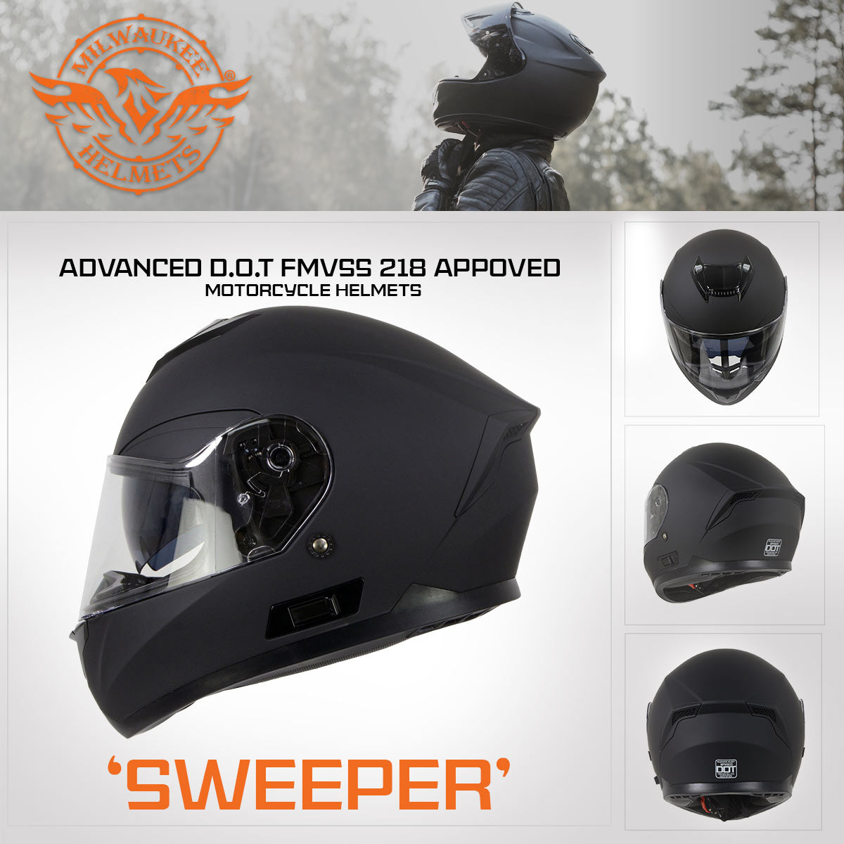 Milwaukee Helmets MPH9835DOT 'Sweeper' Flat Black Advanced Motorcycle Full Face Helmet for Men and Women Biker w/ Drop Down Visor