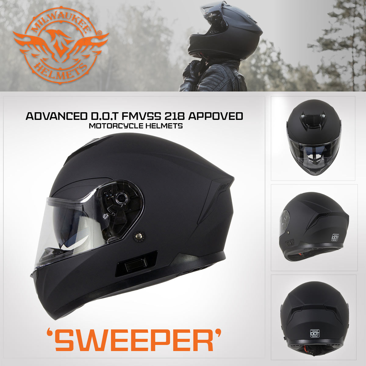 Milwaukee Helmets MPH9835DOT Sweeper Flat Black Advanced Motorcycle Full Face Helmet Biker w/ Drop Down Visor