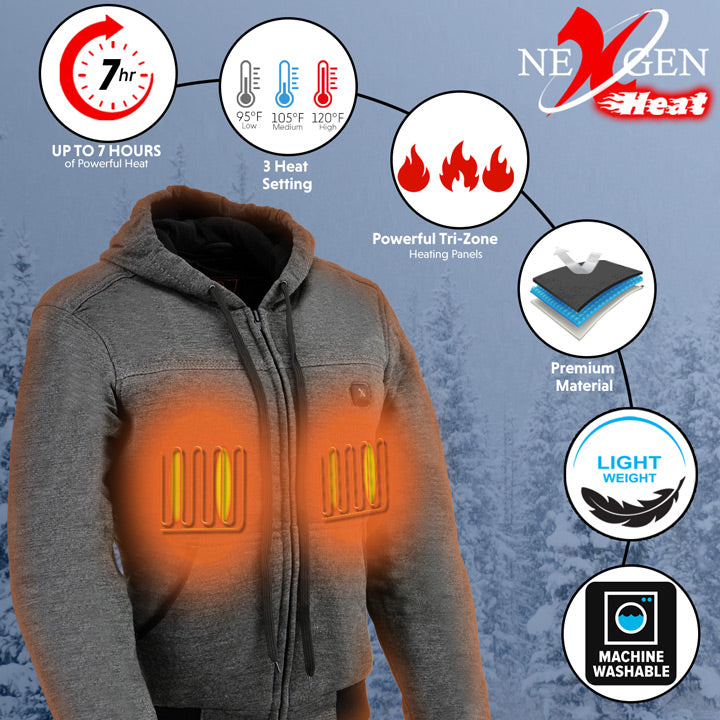Nexgen Heat NXL2713SET Women's Grey Heated Front Zipper Hoodie Jacket for Winter Cold Weather Riding Outdoor Activities