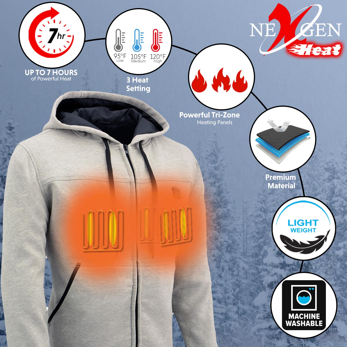 Nexgen Heat MPM1714SET Men's “Fiery’’ Heated Hoodie Silver Zipper Front Sweatshirt Jacket for Winter w/Battery Pack
