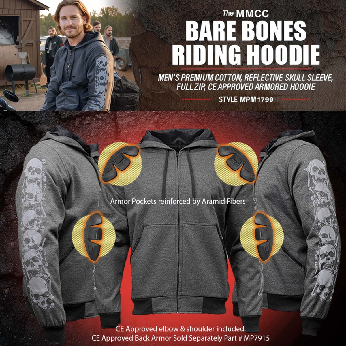 Milwaukee Leather Men's Bare Bones Charcoal Reflective Skull CE Armored Riding Hoodie, Shoulder and Elbow Armor - MPM1799