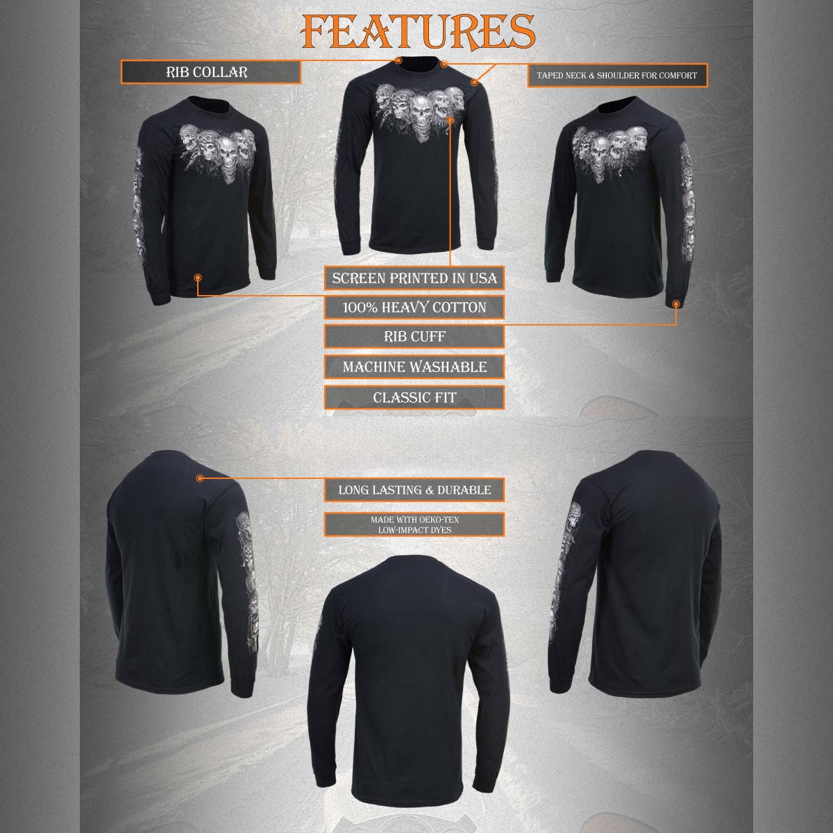 Milwaukee Leather MPMH117008 Men’s ‘Five Skulls’ Long Sleeve Black T-Shirt