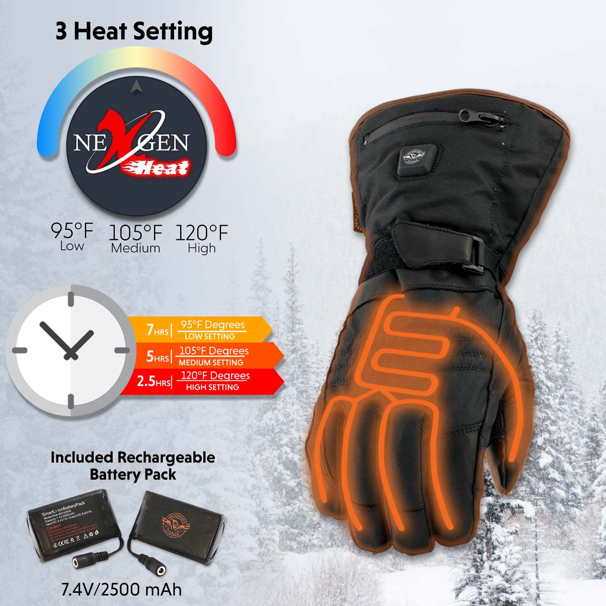 Nexgen Heat NXG17501SET Men’s Black Heated Textile and Leather Fashion Gloves with i-Touch Screen (Battery Pack Included)