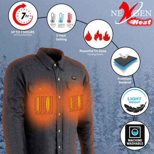 Nexgen Heat NXM1715SET Men's Scorcher Grey Heated Cotton Denim Jacket Shirt for Outdoor Activities